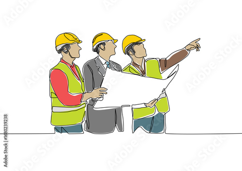 Line art illustration workers at work in warehouse