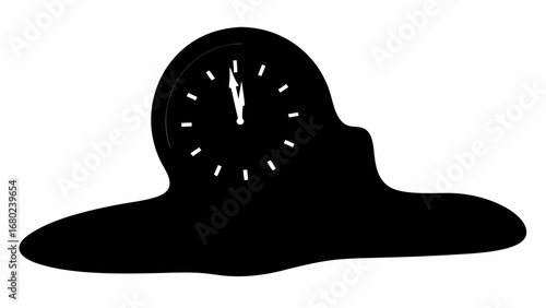 Black silhouette of a melting clock showing almost twelve o'clock on a white isolated background design