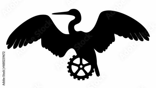Silhouette of a bird with outstretched wings standing atop a gear wheel in black and white design art