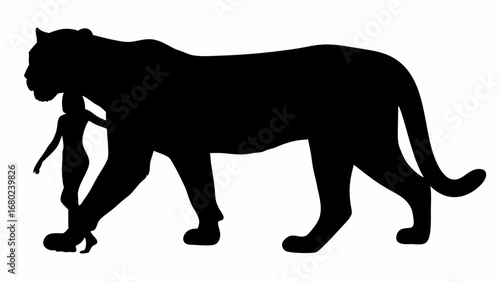 Silhouette of a woman standing near a large cat or tiger, both depicted in solid black against white ground
