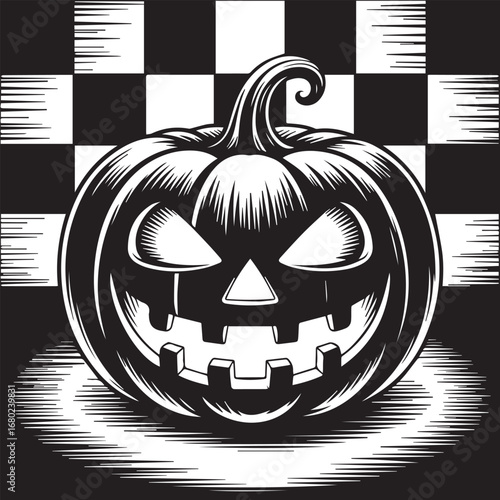 Halloween pumpkin jack o lantern black and white illustration with scary face and vintage style