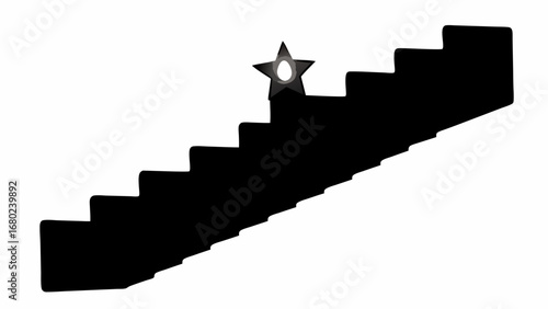 Silhouette of staircase leading up with a star placed on one of the steps against a white background