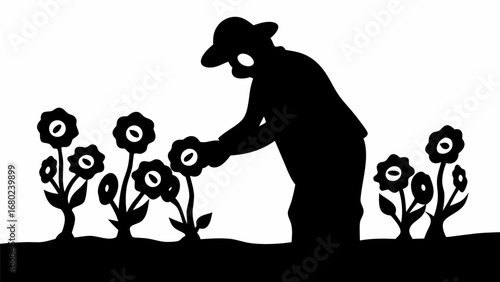 Silhouette of a farmer tending to a garden of flowers under a bright sky on a sunny afternoon day