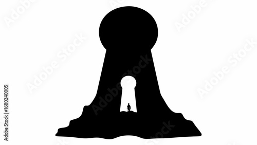 Silhouette of a person standing before a giant keyhole shaped structure in black and white art
