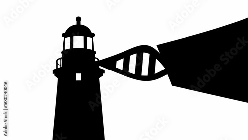 Silhouette of a lighthouse emitting a dna shaped light beam in a black and white vector illustration