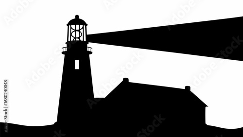 Silhouette of a lighthouse with a bright light beam and an adjacent building on a dark landscape area