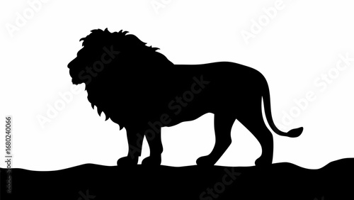Silhouette of a majestic lion standing tall with a full mane against a white background outdoors