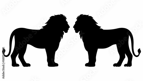 Two facing lion silhouettes in black and white creating a symmetrical and mirrored composition with manes visible