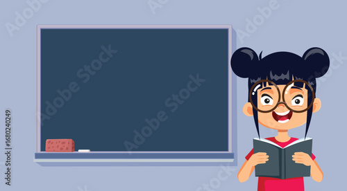 
Happy Korean Girl Reading in front of the Class Vector Illustration. 
Adorable schoolgirl making a presentation about literature holding textbook
