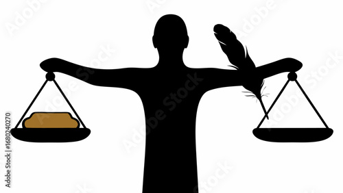 Silhouette of a person holding scales with gold on one side and a feather on the other side in balance