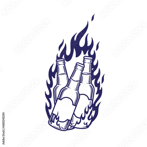 Artistic illustration of beer bottles surrounded by fire flames on a white background