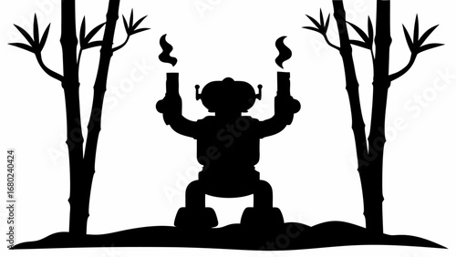 Silhouette of a robot holding smoking objects standing between bamboo trees on a white background