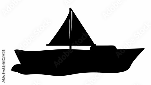 Silhouette of a sailboat with a triangular sail and a cabin on the deck against a white background