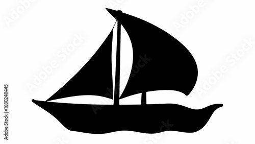 Silhouette of a sailboat with two sails and a mast sailing on wavy water against a white background scene