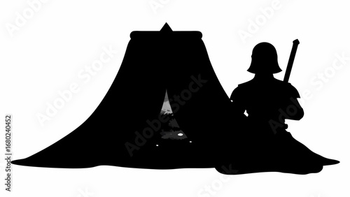 Silhouette of a tent with an opening and a knight holding a sword standing guard beside it outside