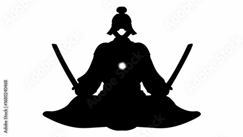 Silhouette of a samurai warrior in full armor with two swords on a white background illustration