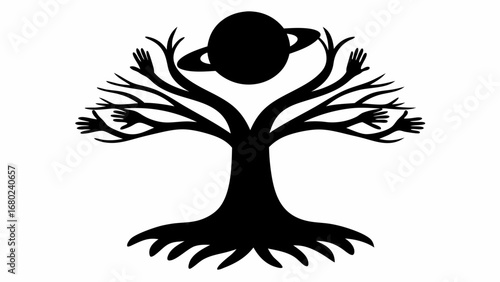Silhouette of a tree with branches ending in hands supporting a planet with rings in black and white