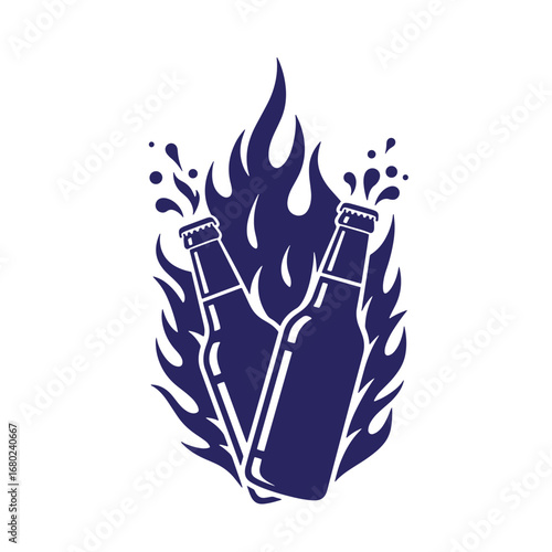 Artistic illustration of two beer bottles against a backdrop of stylized blue flames