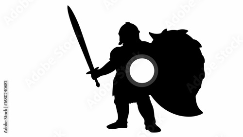 Silhouette of a warrior with a sword and shield posing with a hole in the shield for a face