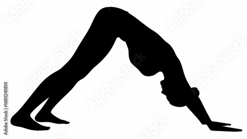 Silhouette of a person in downward dog yoga pose with arms and legs extended on a white background image