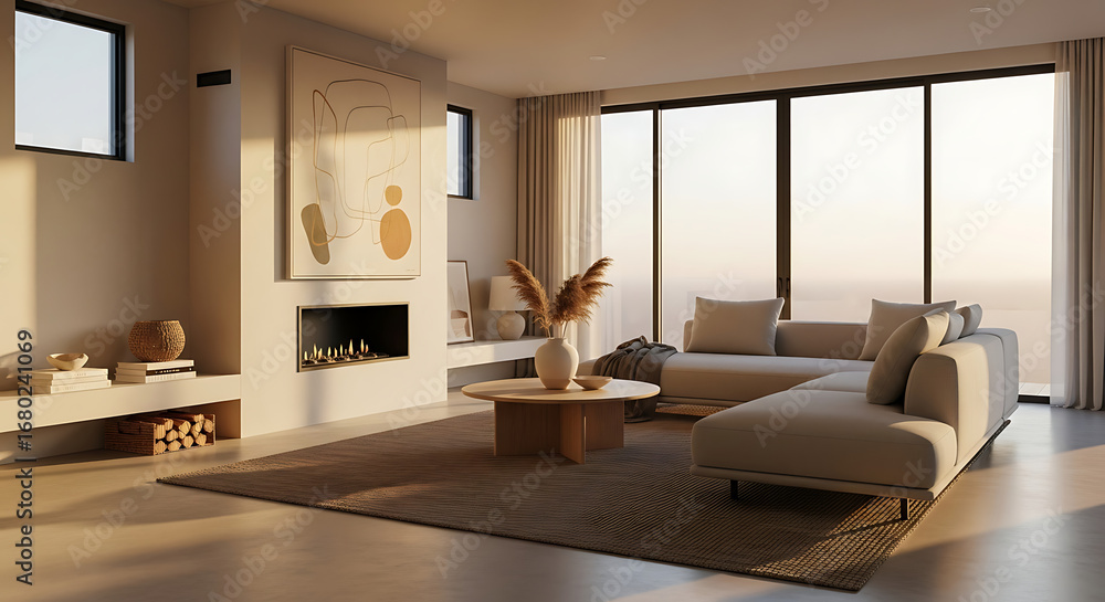 Fototapeta premium Modern Living Room Interior with Fireplace and Large Windows.
