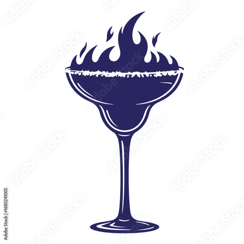 Blue cocktail margarita glass with flame illustration for festive drink concepts
