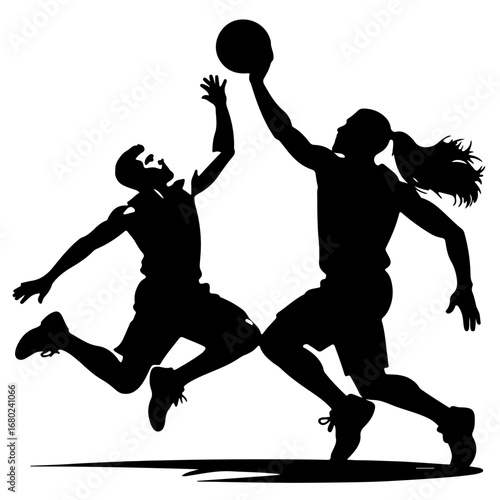 Basketball Silhouette Two Players Jumping for Ball Vector Illustration