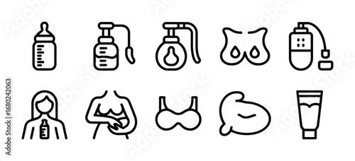 Breastfeeding and pumping icons representing motherhood and baby care essentials in black outline Vector