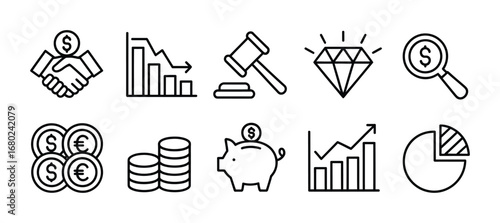 Financial icons depicting business investment growth and economic market trends shown in vector