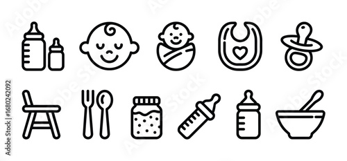 Baby icons set with bottle pacifier bib chair and food jar for newborn care and feeding essentials Vector