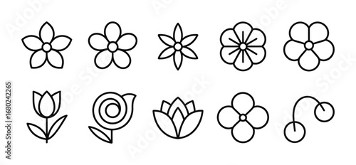 Collection of ten different flower icons in outline style for graphic design and decoration use vector