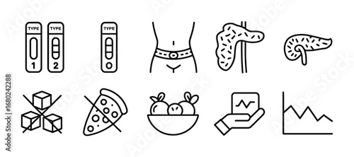 Diabetes outline icons showing diagnosis diet and pancreas health management and blood sugar levels vector