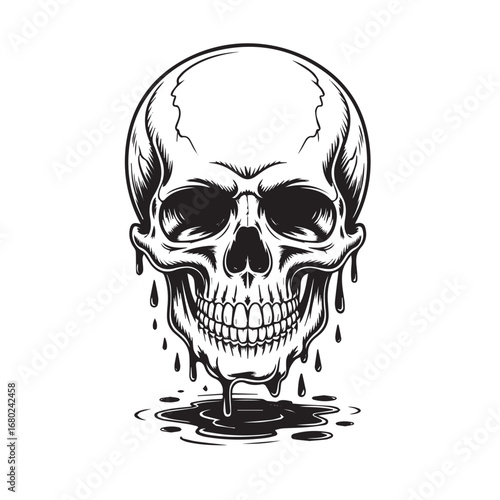 Melting human skull black and white illustration for tattoo, gothic, horror, and dark artwork