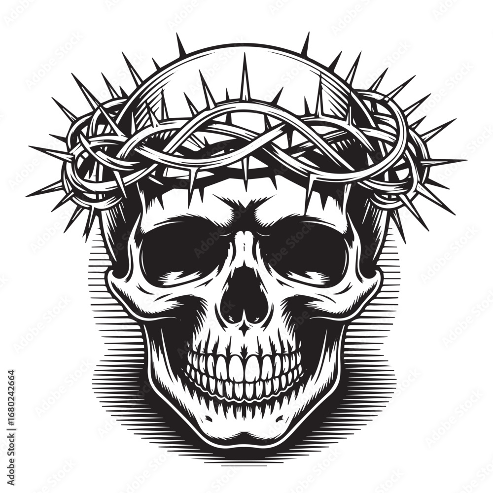 Obraz premium Human skull with crown of thorns black and white illustration for tattoo, gothic, and horror design