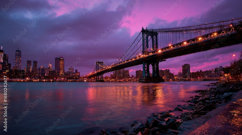 Fototapeta premium A breathtaking view of a bridge over a river at dusk, with the city skyline illuminated in the distance. The bridge spans the water, reflecting the vibrant colors of the sky