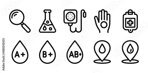 Blood donation and medical research icons representing various blood types and equipment used in medicine vector