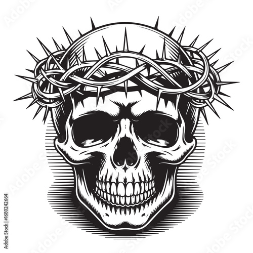 Human skull with crown of thorns black and white illustration for tattoo, gothic, and horror design