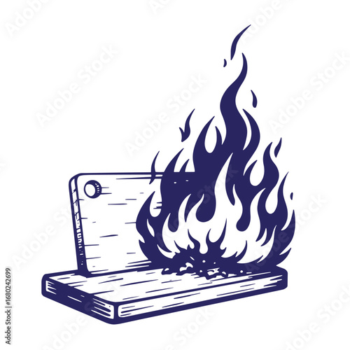Burning laptop vector illustration showing digital device destroyed by intense flames
