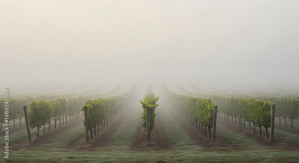Obraz premium Misty Vineyard Rows Vanishing into Early Morning Fog