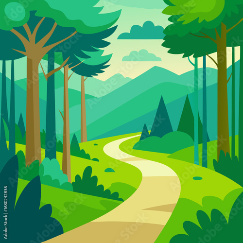 A picturesque painting of a winding path cutting through a vibrant green forest, with towering trees, lush vegetation, and a peaceful vector natural landscape background.