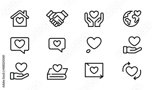 Set of love and care icons representing love for home, world, and each other in simple design vector