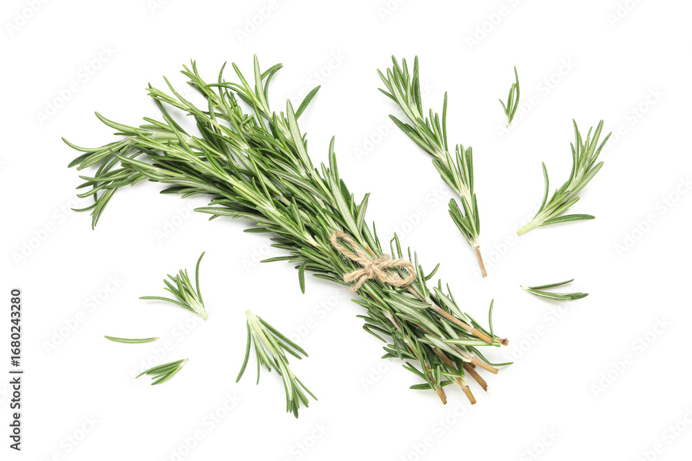 Fototapeta premium Bunch and leaves of fresh rosemary isolated on white background, closeup
