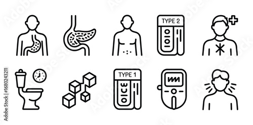 Diabetes symptoms and complications outlined with simple black and white vector icons set up