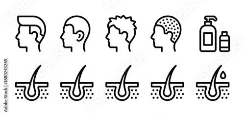 Hair loss stages and treatment options depicted in a minimalist line icon set vector design