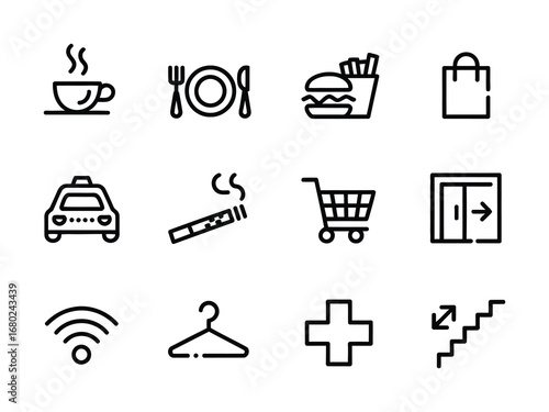 Vector icons representing common services and amenities available in a shopping mall or public space