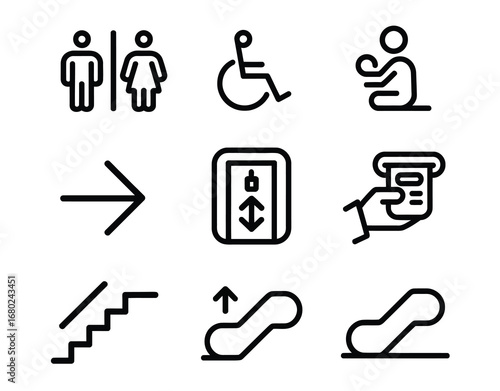 Collection of various signs including restrooms elevator stairs and other common public symbols Vector