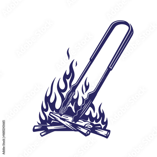 Campfire illustration with burning logs and tongs in dark blue isolated on white