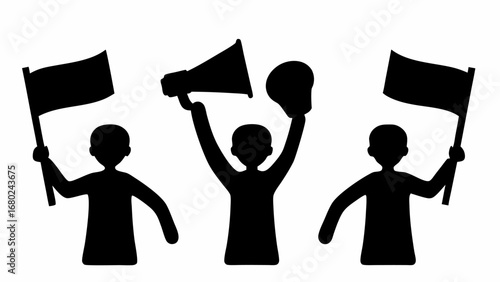Silhouette depiction of three protesters with flags megaphone and hard hat in a demonstration setting