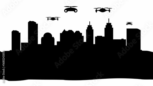 Silhouette of a cityscape with various buildings and several drones flying in the sky over the city line