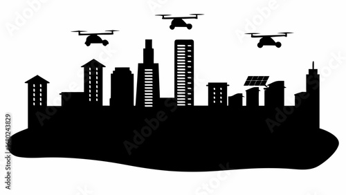 Silhouette of city skyline with skyscrapers and buildings under three drones in a black and white design